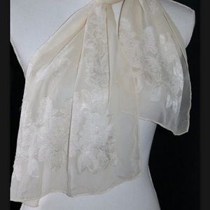 Vintage floral scarf ivory silky appliqués
